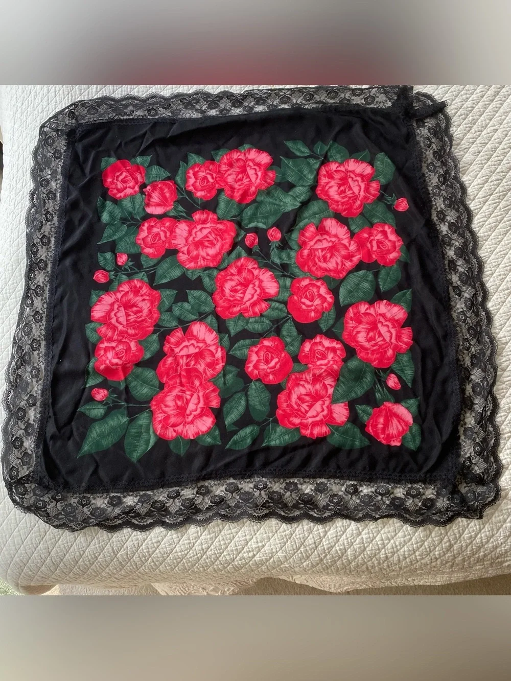 Black Floral Square Scarf Red Roses Lace Trim 35-inch square Whimsigoth Romantic